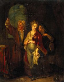 A physician examining the urine of a pregnant girl, 18th century. Creator: Unknown