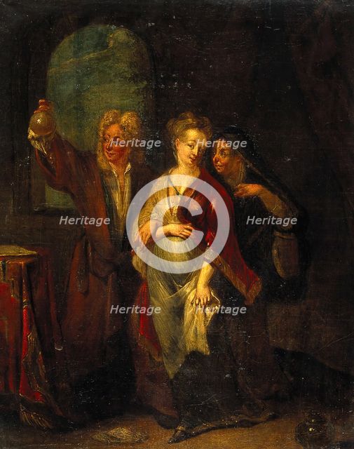 A physician examining the urine of a pregnant girl, 18th century. Creator: Unknown.