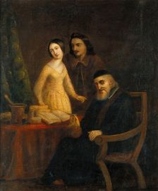 A physician holding a urine flask in the presence of a young woman and man, between 1800 and 1899. Creator: Unknown