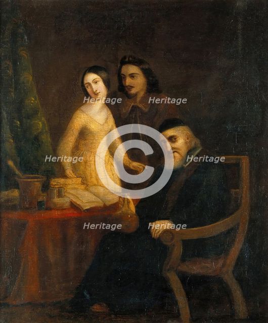 A physician holding a urine flask in the presence of a young woman and man, between 1800 and 1899. Creator: Unknown.