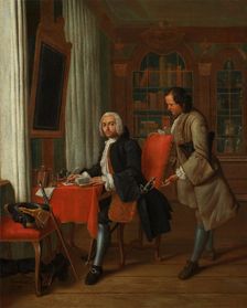 A physician in his study writing a prescription for his waiting patient, 1745. Creator: Peter Jacob Horemans
