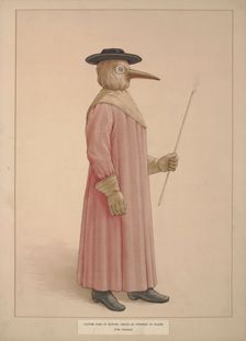 A physician wearing a seventeenth century plague preventive costume, (1910?). Creator: Unknown