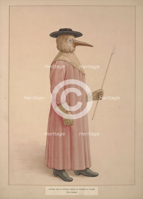 A physician wearing a seventeenth century plague preventive costume, (1910?). Creator: Unknown.