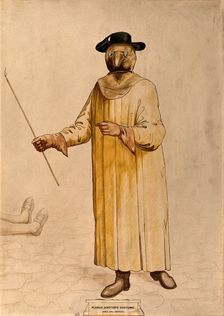 A physician wearing a seventeenth century plague preventive costume. Creator: Unknown