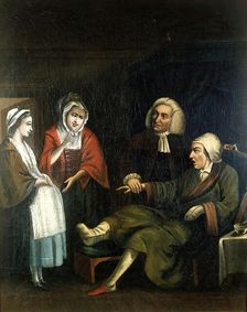 A physician (William Cullen?) taking the pulse of a gouty bachelor..., c1770s. Creator: Unknown