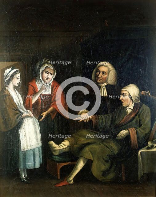 A physician (William Cullen?) taking the pulse of a gouty bachelor..., c1770s. Creator: Unknown.