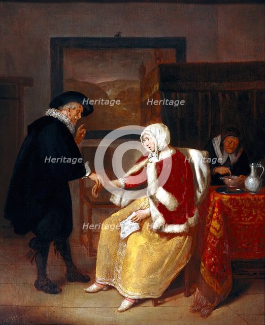 A physician taking the pulse of a young woman, while an old maid prepares gruel for her, c1660s. Creator: Gerritsz Quiringh van Brekelenkam.