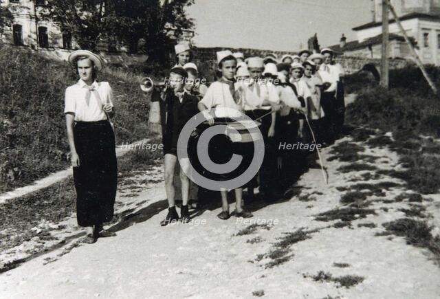 A Pioneers unit at All-Union Young Pioneer Camp Artek, Gurzuf, Crimea, USSR, 1930s(?). Artist: Unknown