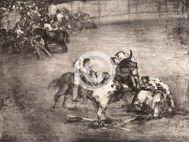 A picador caught by a bull, from the 'Bulls of Bordeaux', 1825., 1825. Creator: Francisco Goya.