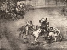 A picador caught by a bull, from the Bulls of Bordeaux 1825., 1825. Creator: Francisco Goya