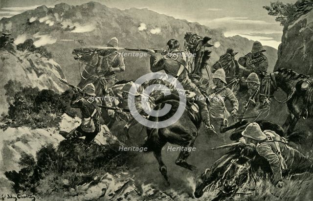 'A Picket of 13th Hussars Surprised Near the Tugela River (Hussar Hill)', 1900. Creator: John Charlton.
