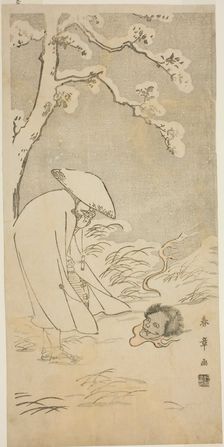A Pilgrim Praying through the Night to the Buddha (kannenbutsu) is Startled by a Ghostly..., c.1768. Creator: Shunsho