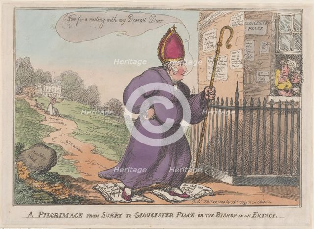 A Pilgrimage from Surry to Gloucester Place or the Bishop in an Extacy, February 27, 1809. Creator: Thomas Rowlandson.