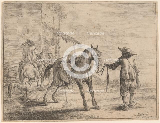 A Pissing Horse Held by a Man, 1651. Creator: Dirck Stoop.