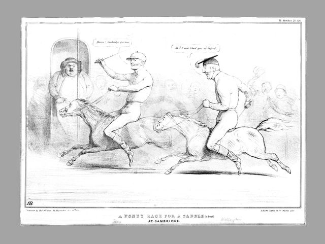 'A Poney Race for a Saddle (a Seat) at Cambridge', 1834. Creator: John Doyle.