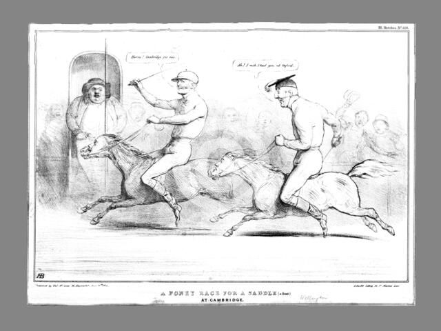 'A Poney Race for a Saddle (a Seat) at Cambridge', 1834. Creator: John Doyle.