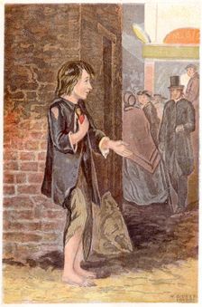 A poor boy, shoeless and in rags, begging on a street corner, c1880