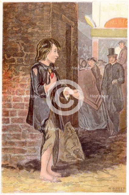 A poor boy, shoeless and in rags, begging on a street corner, c1880. Artist: Unknown