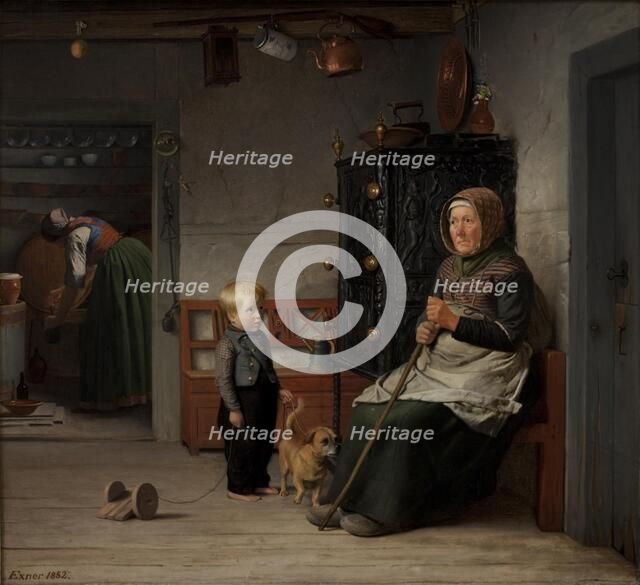 A poor woman waiting for a mug of beer in a farmhouse, 1852. Creator: Julius Exner.
