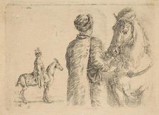 A Polish groom, from the back, holding a horse by the bridle, ca. 1662. Creator: Stefano della Bella