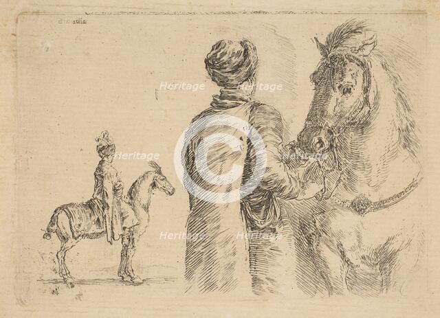 A Polish groom, from the back, holding a horse by the bridle, ca. 1662. Creator: Stefano della Bella.