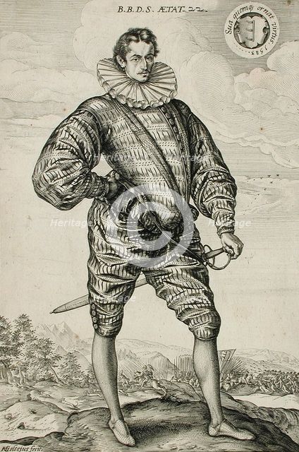 A Polish Nobleman Standing: Balthasar Bathory de Somlyo, 1583. Creator: Hendrik Goltzius.