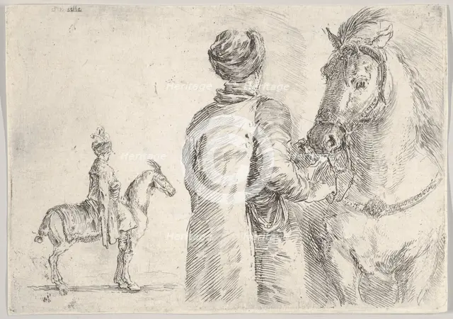 A Polish valet, seen from behind, holding the bridle of a horse to right, a Polish hor..., ca. 1662. Creator: Stefano della Bella.