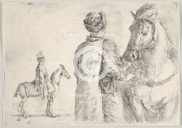 A Polish valet, seen from behind, holding the bridle of a horse to right, a Polish hor..., ca. 1662. Creator: Stefano della Bella.