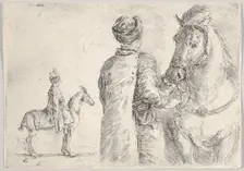 A Polish valet, seen from behind, holding the bridle of a horse to right, a Polish hor..., ca. 1662. Creator: Stefano della Bella