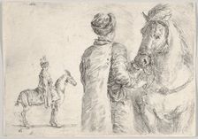 A Polish valet, seen from behind, holding the bridle of a horse to right, a Polish hor..., ca. 1662. Creator: Stefano della Bella