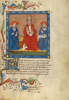 A Pope Flanked by Two Cardinals; Livre de Bonnes Meurs, about 1430. Creator: Unknown