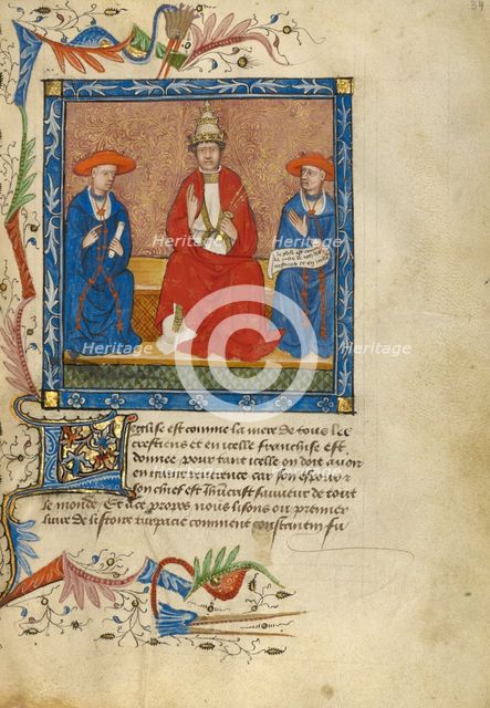 A Pope Flanked by Two Cardinals; Livre de Bonnes Meurs, about 1430. Creator: Unknown.