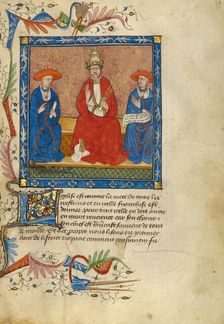 A Pope Flanked by Two Cardinals; Livre de Bonnes Meurs, about 1430. Creator: Unknown