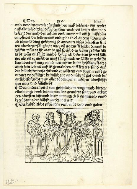 A Pope Installing a Bishop from Speculu humane vite (Mirror of Human Life), Plate 7..., 1929. Creators: Unknown, Peter Berger, Rodrigo Sánchez de Arévalo, Wilhelm Ludwig Schreiber.