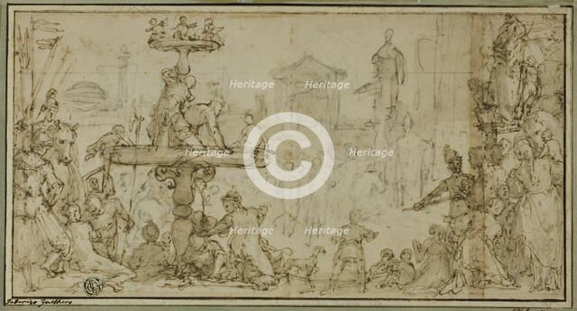 A Pope Receiving a Dignitary in a Public Place (recto) Caricatures of Heads (verso), c.1582. Creator: Federico Zuccaro.