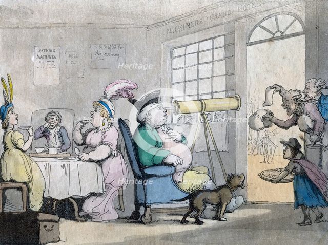 A portly gentleman looking through a telescope, 19th century. Artist: Unknown