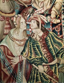 A Portuguese man and an Indian woman Detail of a Flemish tapestry from Tournai, it's part of …