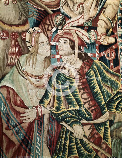  'A Portuguese man and an Indian woman'. Detail of a Flemish tapestry from Tournai, it's part of …