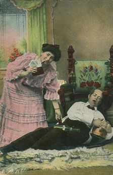 A postcard of a wife taking her drunk husband's money