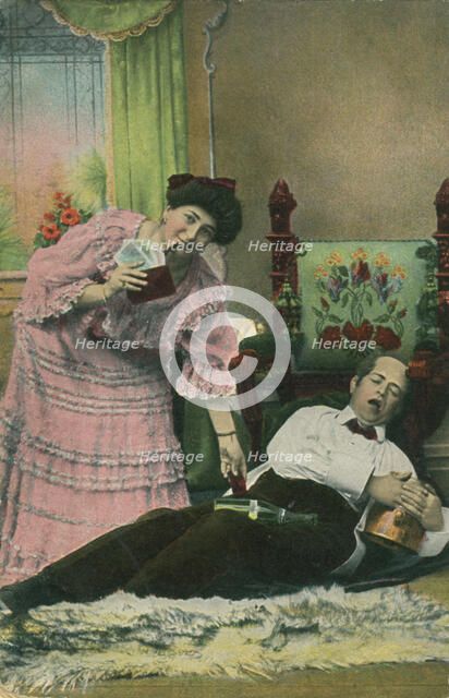 A postcard of a wife taking her drunk husband's money. Artist: Unknown