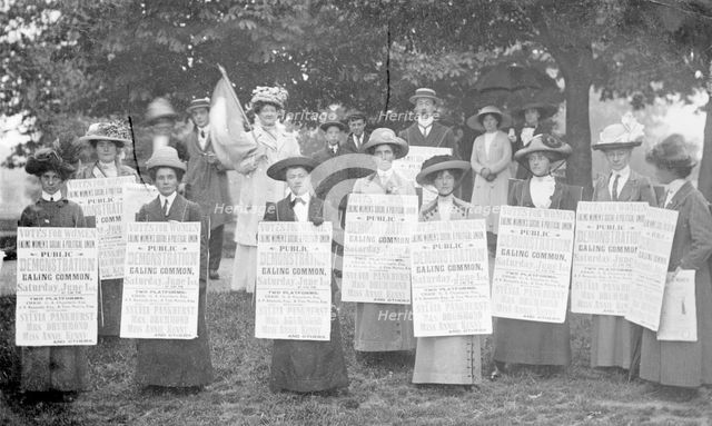 A 'poster parade' of suffragettes advertising a meeting to be held on Ealing Common, June 1912. Creator: Unknown.