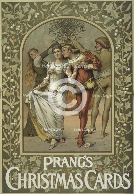 A poster with the words 'Prang's Christmas Cards,' depicting four performers, holly..., c1865 - 1899 Creator: Louis Prang.