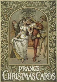 A poster with the words Prang's Christmas Cards, depicting four performers, holly..., c1865 - 1899 Creator: Louis Prang