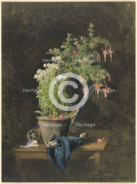 A Potted Fuchsia with Children's Toys, 1877. Creator: Henri-Joseph Harpignies.