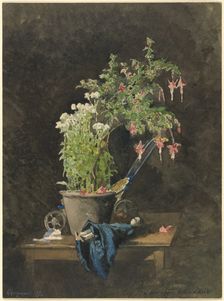 A Potted Fuchsia with Children's Toys, 1877. Creator: Henri-Joseph Harpignies