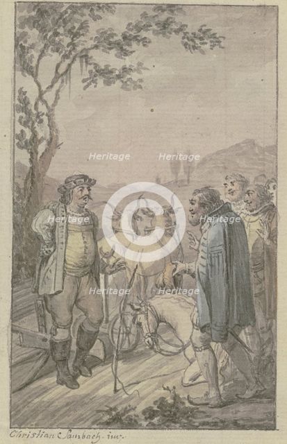 A plowing man with a team of oxen approaches a group of bareheaded men, a horse kneeling. Creator: Christian Sambach.
