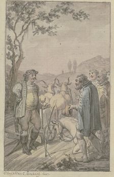 A plowing man with a team of oxen approaches a group of bareheaded men, a horse kneeling. Creator: Christian Sambach