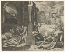A plague scene at right, a man at left holding a torch illuminating part of the sce..., ca. 1515-16. Creator: Marcantonio Raimondi