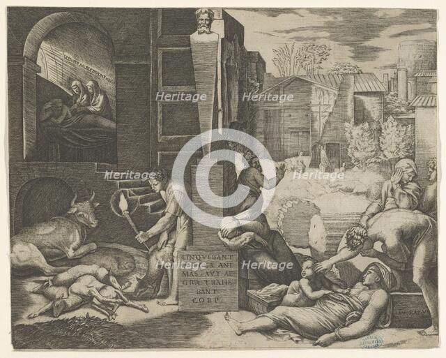 A plague scene at right, a man at left holding a torch illuminating part of the sce..., ca. 1515-16. Creator: Marcantonio Raimondi.