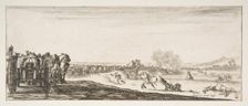 A procession of horse-drawn cannon carriages to left, horsemen in combat and a dead ho..., ca. 1641. Creator: Stefano della Bella
